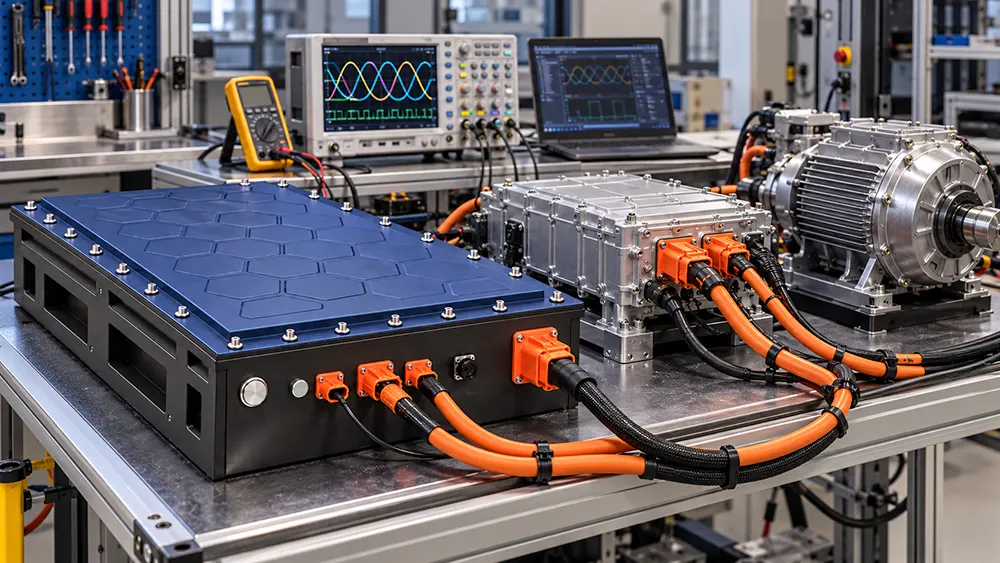 Close-up realistic lithium battery engineering setup with battery pack, inverter and electric motor on a test bench