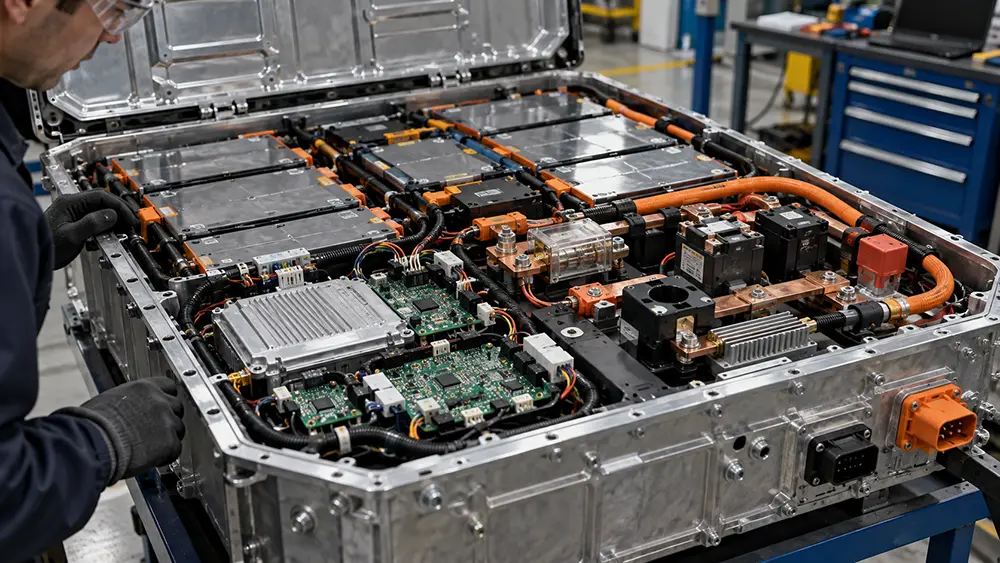 Open industrial lithium battery pack showing realistic BMS boards, contactors, fuse, current sensor, busbars, pre-charge components and wiring harnesses inside a metal enclosure