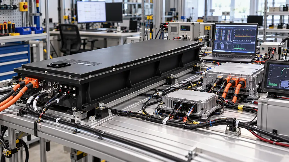 battery system integration test bench with lithium battery BMS connected by CAN wiring to inverter, vehicle controller and display