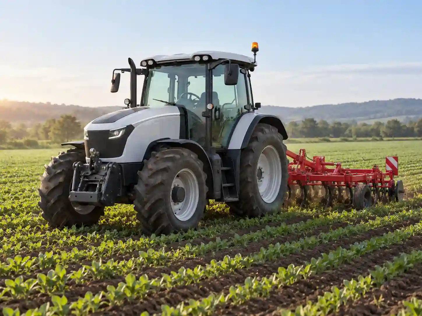Electric agricultural tractor working in a cultivated field