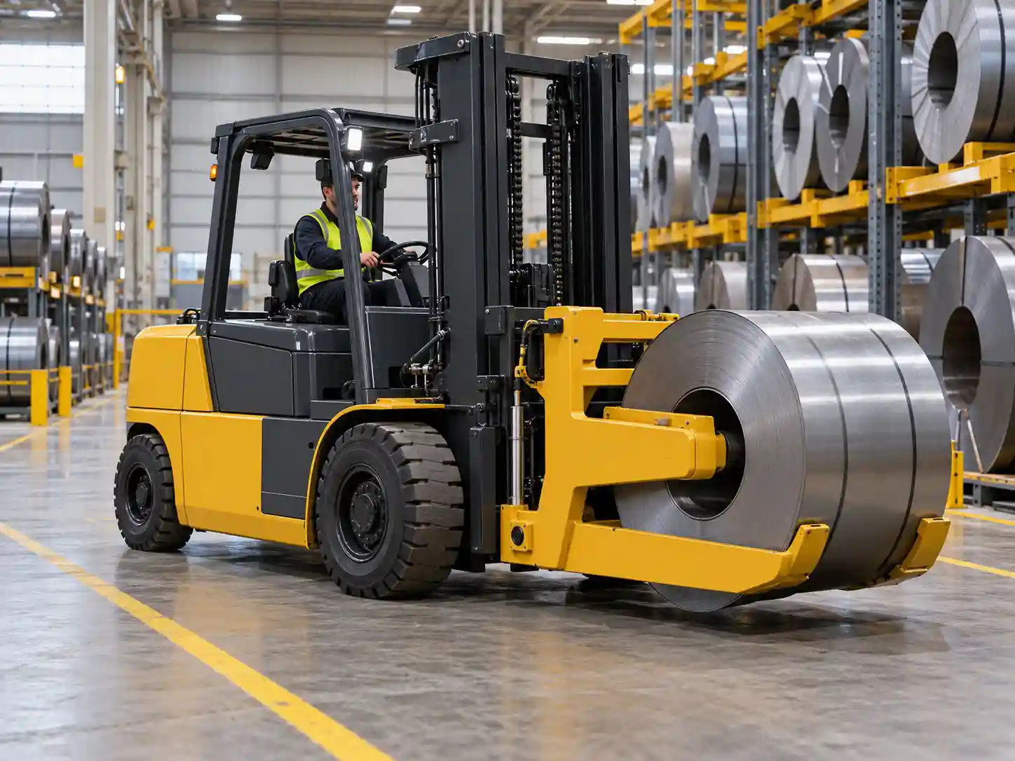 Heavy electric forklift handling a steel coil