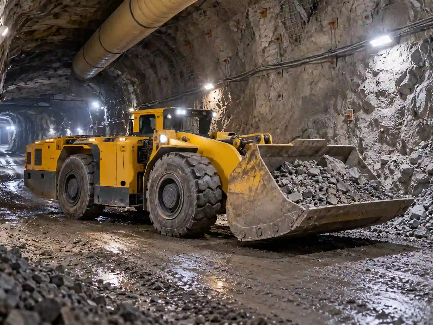 Underground loader operating in a supported mine tunnel