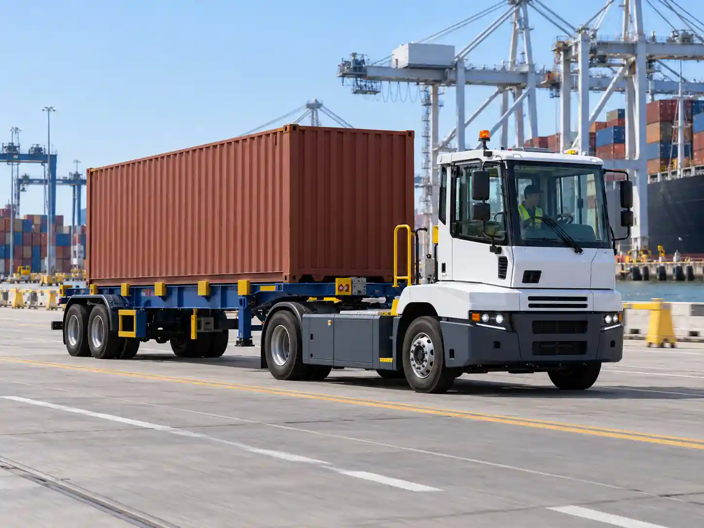 Electric yard tractor moving a container chassis at a port