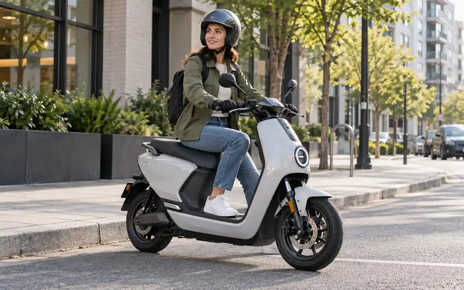 Urban rider on a seated electric scooter in a realistic commuter setting