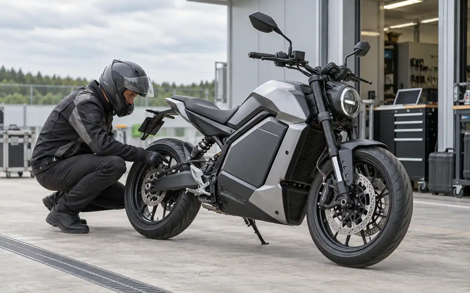 Engineer inspecting an unbranded electric motorcycle outside a workshop