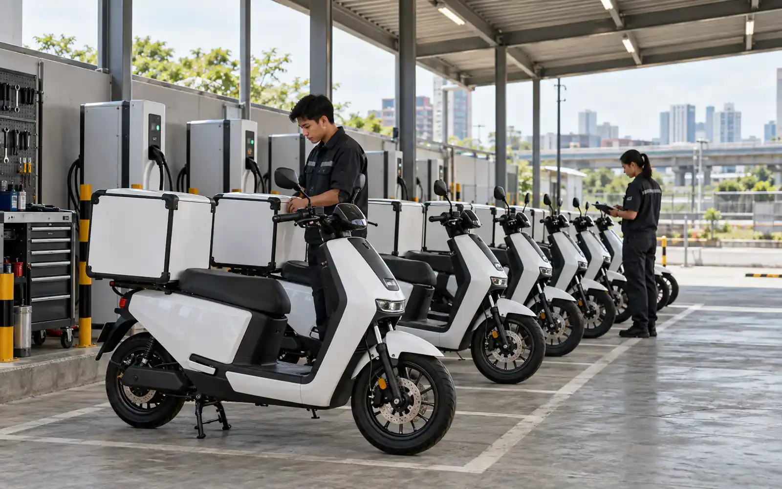 Small unbranded electric scooter fleet prepared in an urban service area