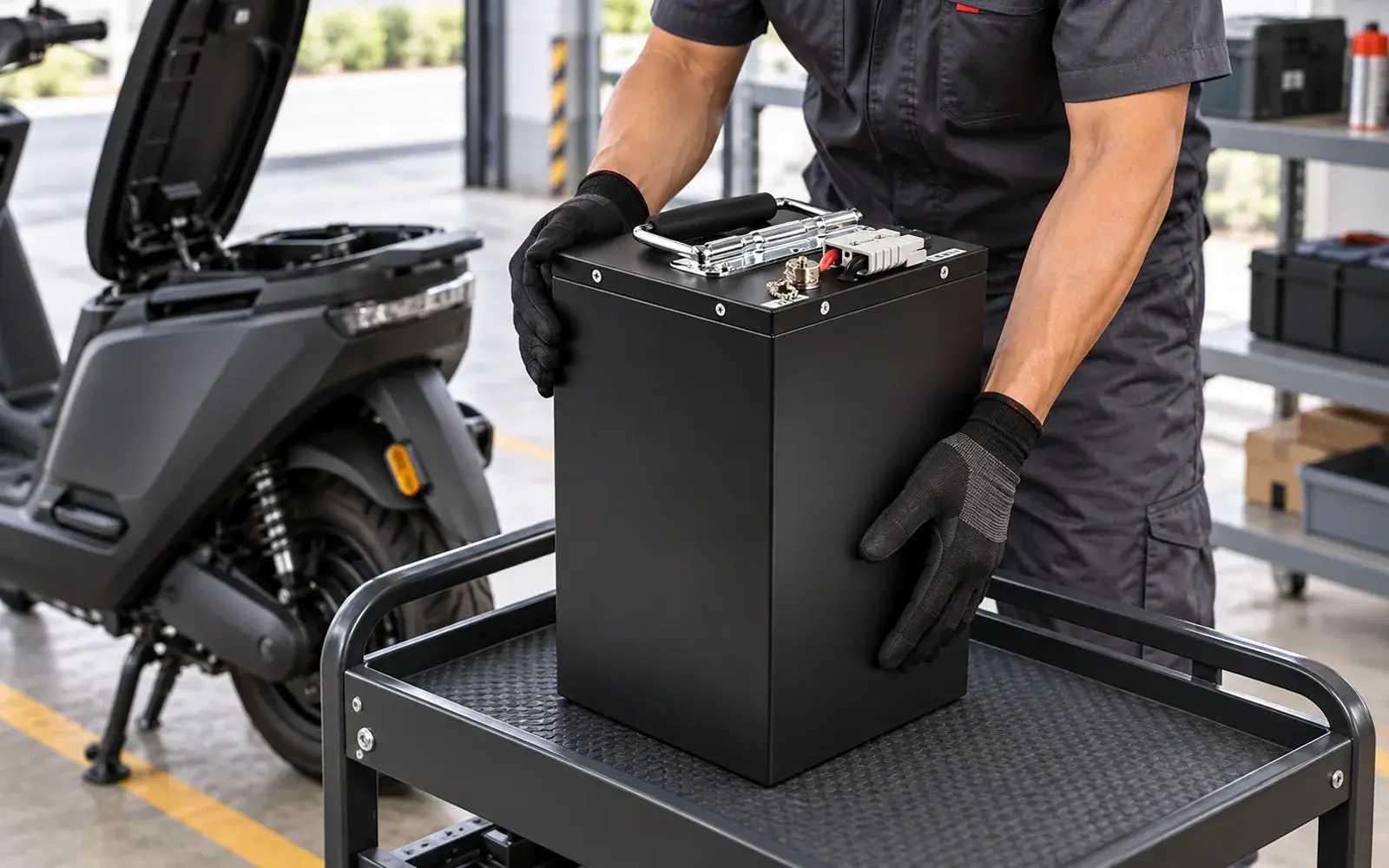 Technician positioning an upright swappable battery beside an electric scooter