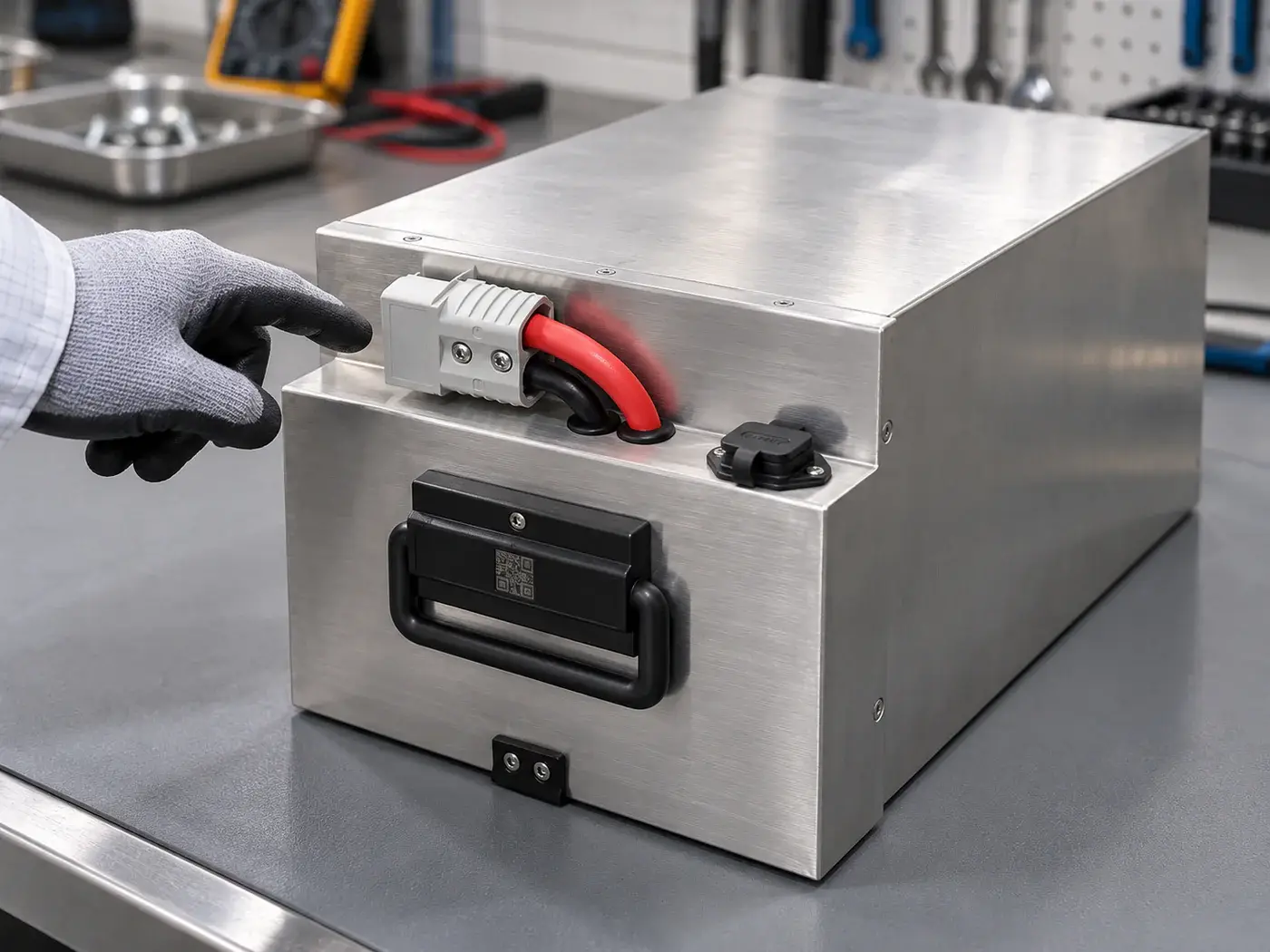 Engineer checking the connectors and handle of a brushed aluminium battery