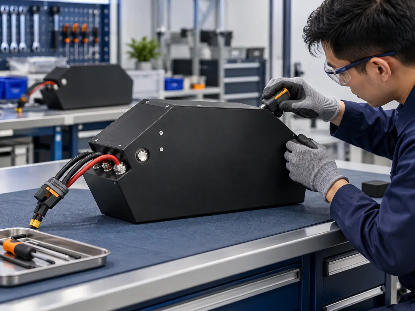 Engineer inspecting the seam and cable area of an asymmetric motorcycle battery