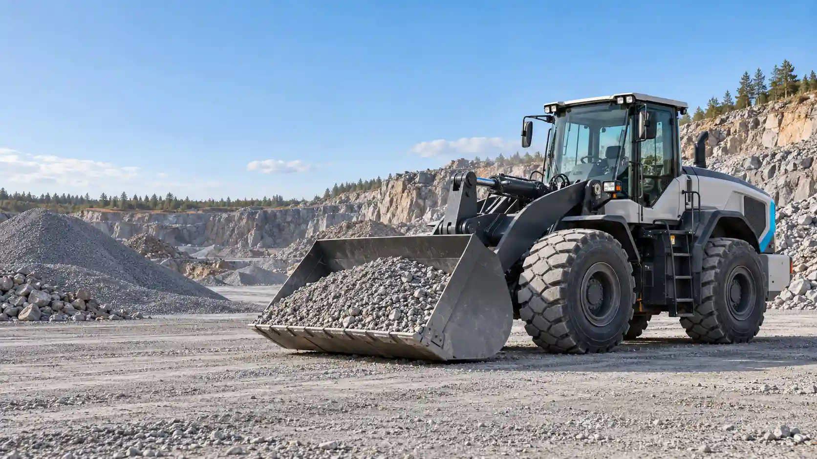 Battery-electric wheel loader working at an aggregate handling site